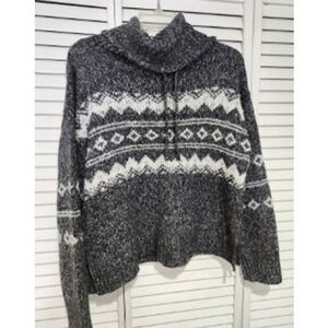 Mi Ami Womens Fair Isle Cowl Neck Sweater Gray White Wool Blend Large